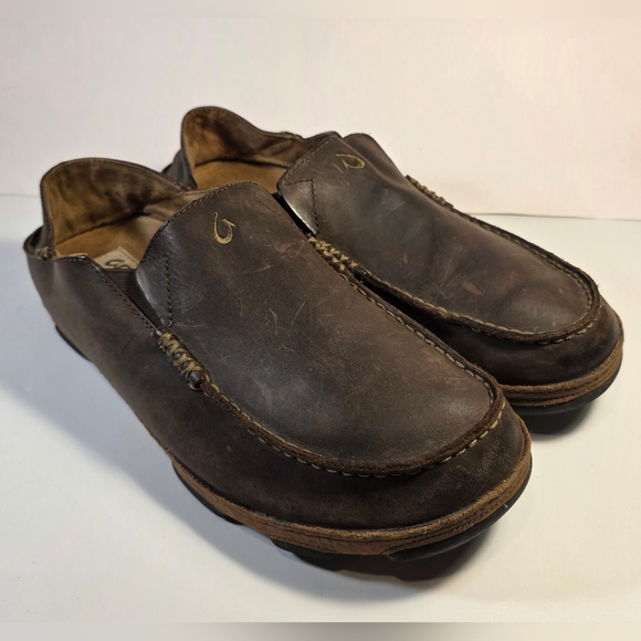 Olukai Moloa Brown Leather Shoe Slip On Slipper Loafers Mens Size 10.5 - Picture 1 of 12